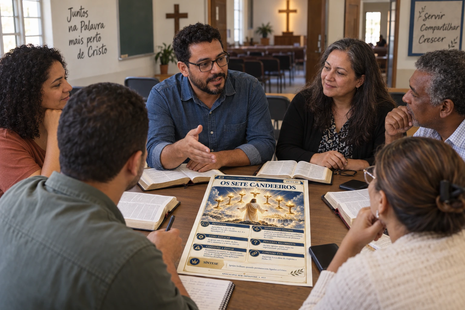 Irmãos estudando juntos na congregação com uma ficha impressa do Apocalipse Sem Improviso