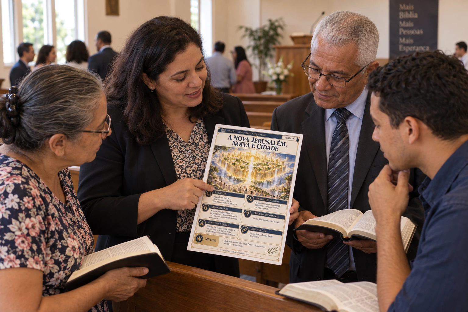 Membros da congregação conversando após o culto com uma ficha do Apocalipse Sem Improviso
